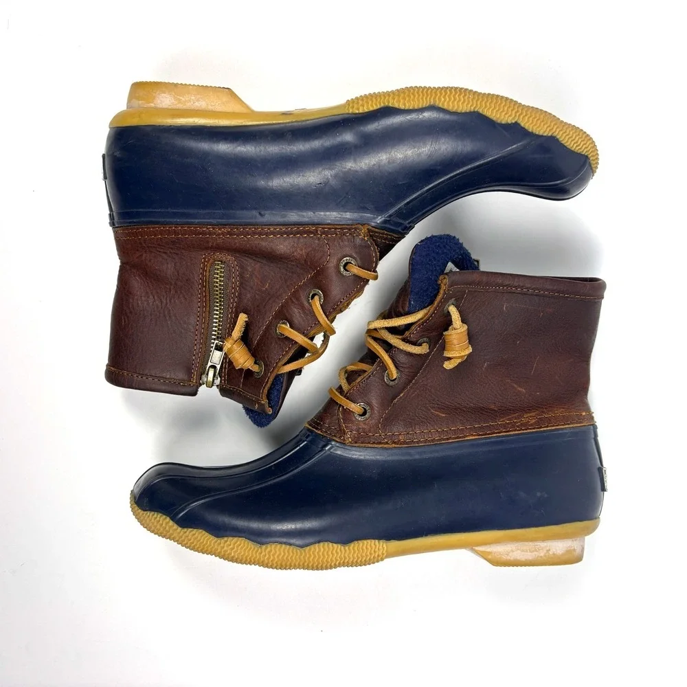 Sperry Saltwater Duck Boots‎ Womens Sz 8.5 Blue Brown Waterproof Rubber Leather